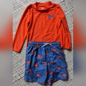Carter's Boys swim set, long rash guard with trunks, orange and blue, 5T